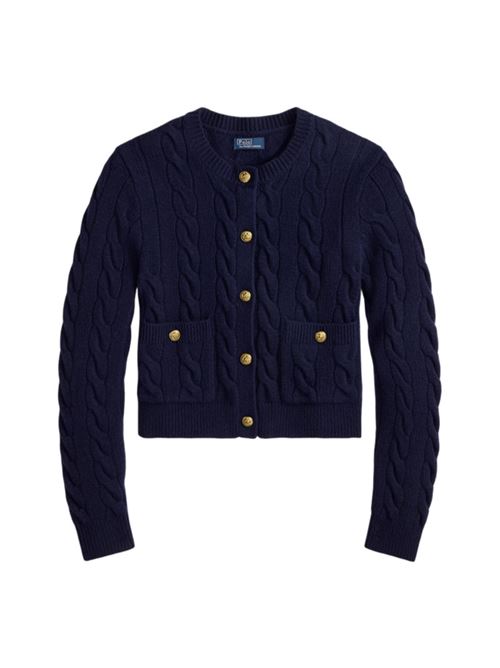 Cardigan da donna in lana misto cashmere con lavorazione a trecce, bottoni logati, colore blu navy POLO RALPH LAUREN | 211978312501